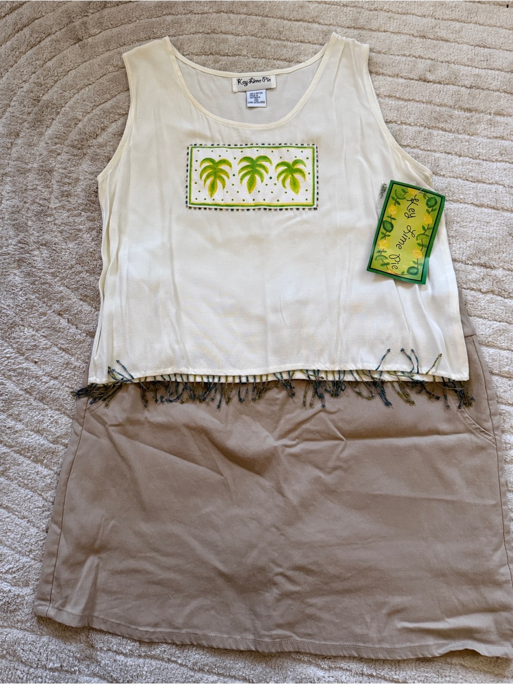 Izod Tan Skorts with Cream Tank Top with Lime Green Palm Motif and Fringe